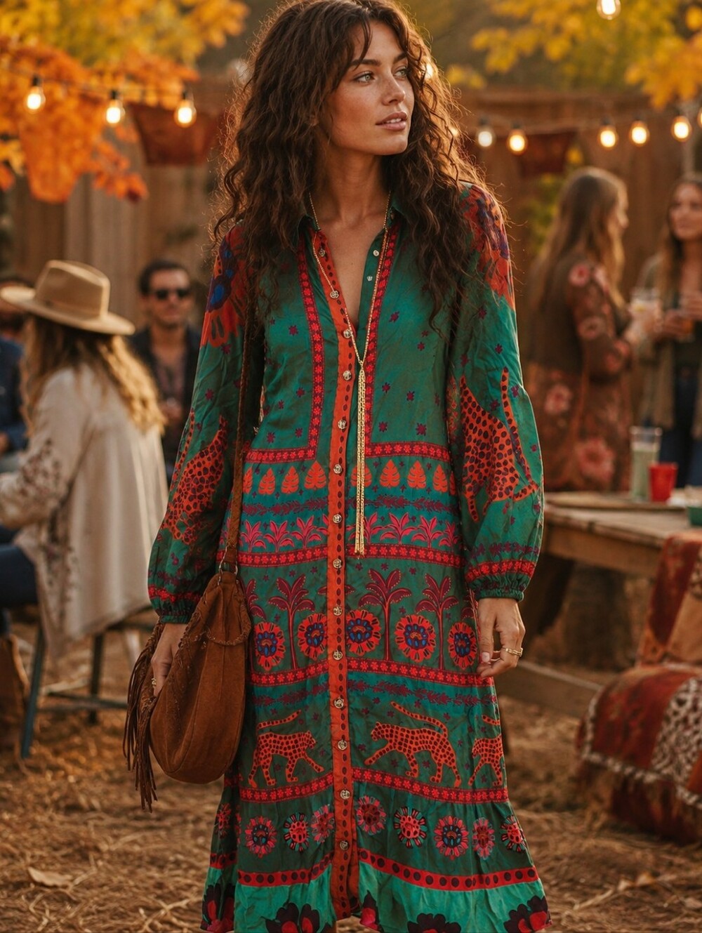 Farm Rio Tiger Red Green Button Down Long Sleeve Maxi Dress Boho Rare Size XS